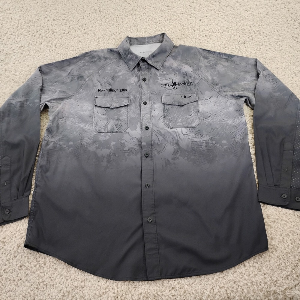 Huk Shirt Mens Large Gray Performance Dirty Hooker Fishing Hiking Outdoor A2
